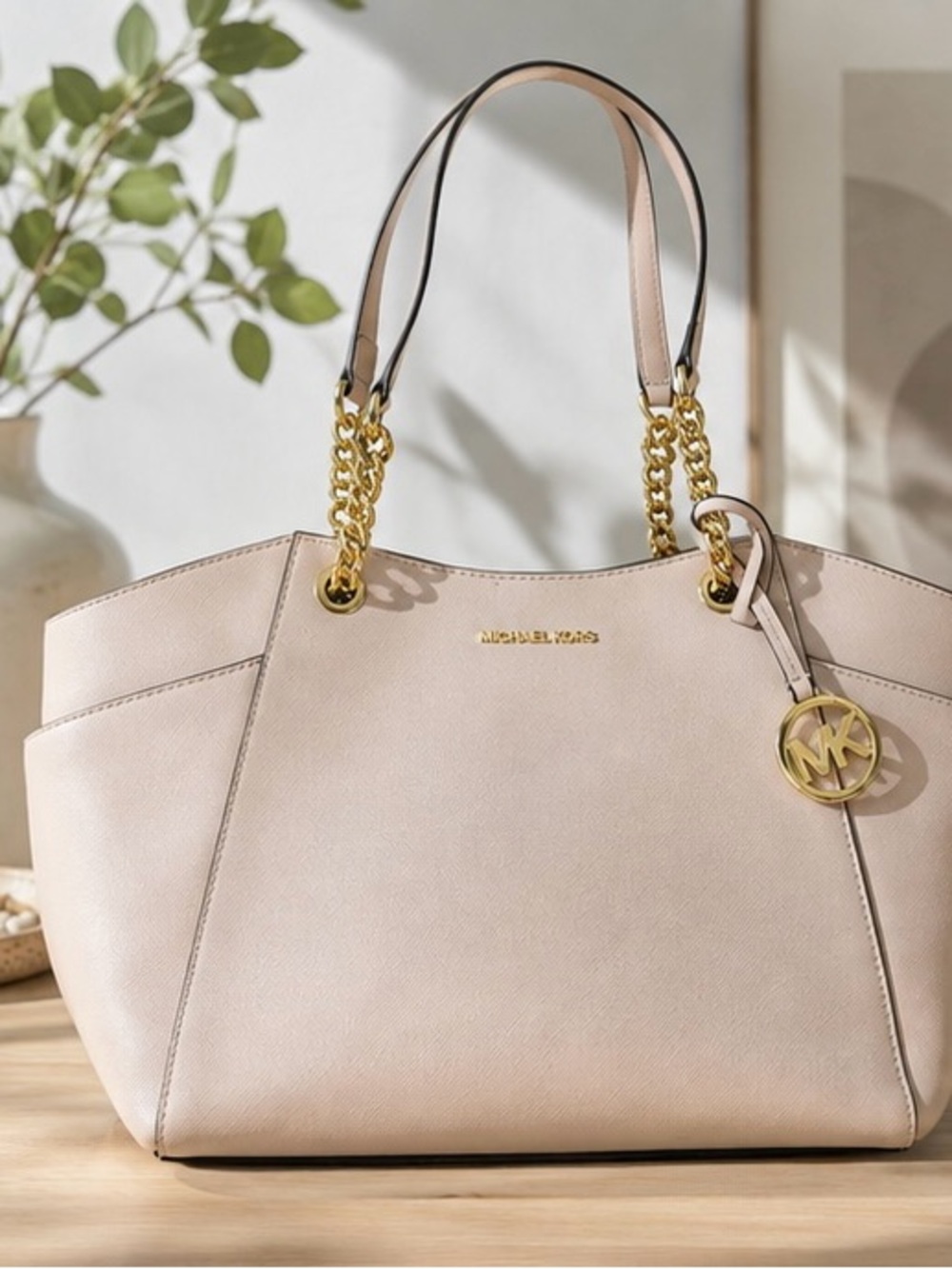 Michael Kors Pale Blush Leather Tote with Gold Chain Accents